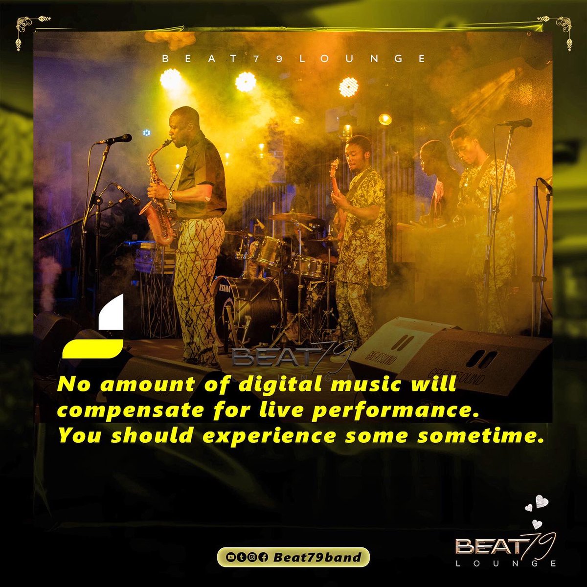 Beat79Band's tweet photo. Live performance is always going to be the truth, technology can’t do enough justice to that. As the new week unfolds, you should experience some.

See you tomorrow 🤞 

To watch our Live performance(s), see link in bio.

#jazz #jazzband #afrobeats #afrobeat #music #afrojazz https://t.co/gunJHTe4GS