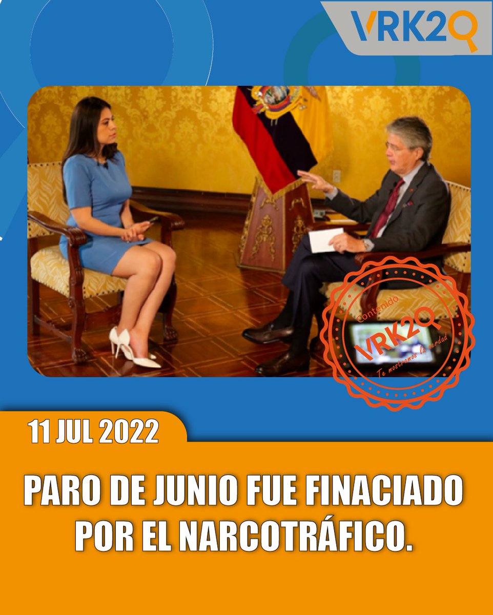 VK2_SE's tweet photo. #contenidoengañoso | El paro nacional que duró 18 días fue financiado por el narcotráfico. Así lo aseveró el presidente Guillermo Lasso en una entrevista para el medio argentino Infobae.

#verificación 🔍
mas detalles en el siguiente link
▶️https://t.co/GUx7GG0KBc https://t.co/TmYd0PHk5A