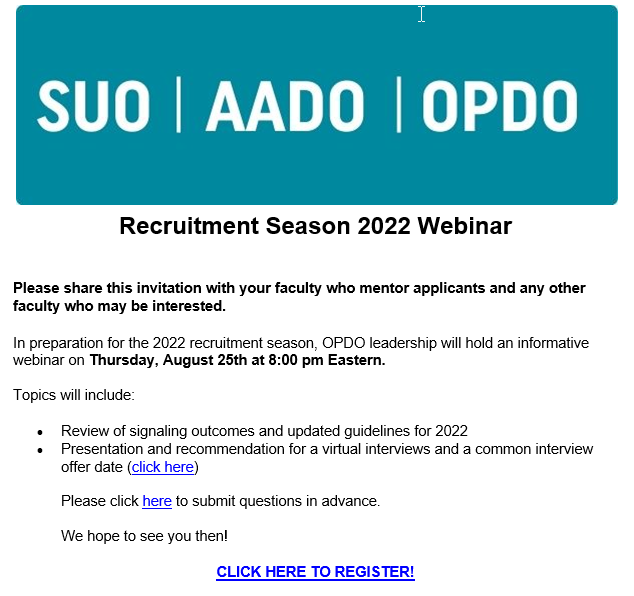 DrCWDavidChang's tweet photo. For Oto-HNS program directors: OPDO webinar on #ENTSignaling and Single Interview Offer Date (#SIOD) for residency recruitment 2022-2023. Aug 25, 2022 08:00 PM EST
https://t.co/1BvohQuC3r https://t.co/SZQ9NSeXu5