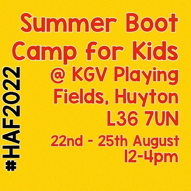 #Summer #HAF2022 Bootcamp with <a href="/ActivitiesKab/">Kids activities and bootcamps (Kab’s)</a> at King George V Playing Fields, Huyton Monday 22 - Thursday 25 August 12 - 4pm. Parents can also register children at the activity bit.ly/3T9QHxp