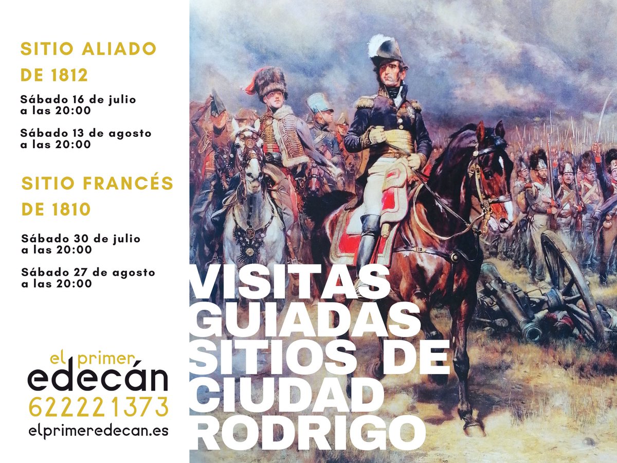 Comenzamos la semana con nuevas noticias #napoleónicas⚔️

✅Este evento del que os informamos hoy se realizará en #CiudadRodrigo📍, una visita guiada por el Sitio Francés🇫🇷 de 1810, el Sábado 27 de agosto📅. Con un coste de 10€
Para más información: viveciudadrodrigo.es/evento/visita-…