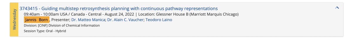 Teodoro Laino (@teodorolaino) on Twitter photo On 08.24 at 09:40 CDT, Jannis Born (<a href="/JannisBorn/">Jannis Born</a>) will present "Guiding multistep retrosynthesis planning with continuous pathway representations". <a href="/FedericoZipoli/">Federico Zipoli</a> and Jannis did a THING: a string method for chemical reactions to create human grade retrosynthesis. Bar rises. 6/8 On 08.24 at 09:40 CDT, Jannis Born (<a href="/JannisBorn/">Jannis Born</a>) will present "Guiding multistep retrosynthesis planning with continuous pathway representations". <a href="/FedericoZipoli/">Federico Zipoli</a> and Jannis did a THING: a string method for chemical reactions to create human grade retrosynthesis. Bar rises. 6/8