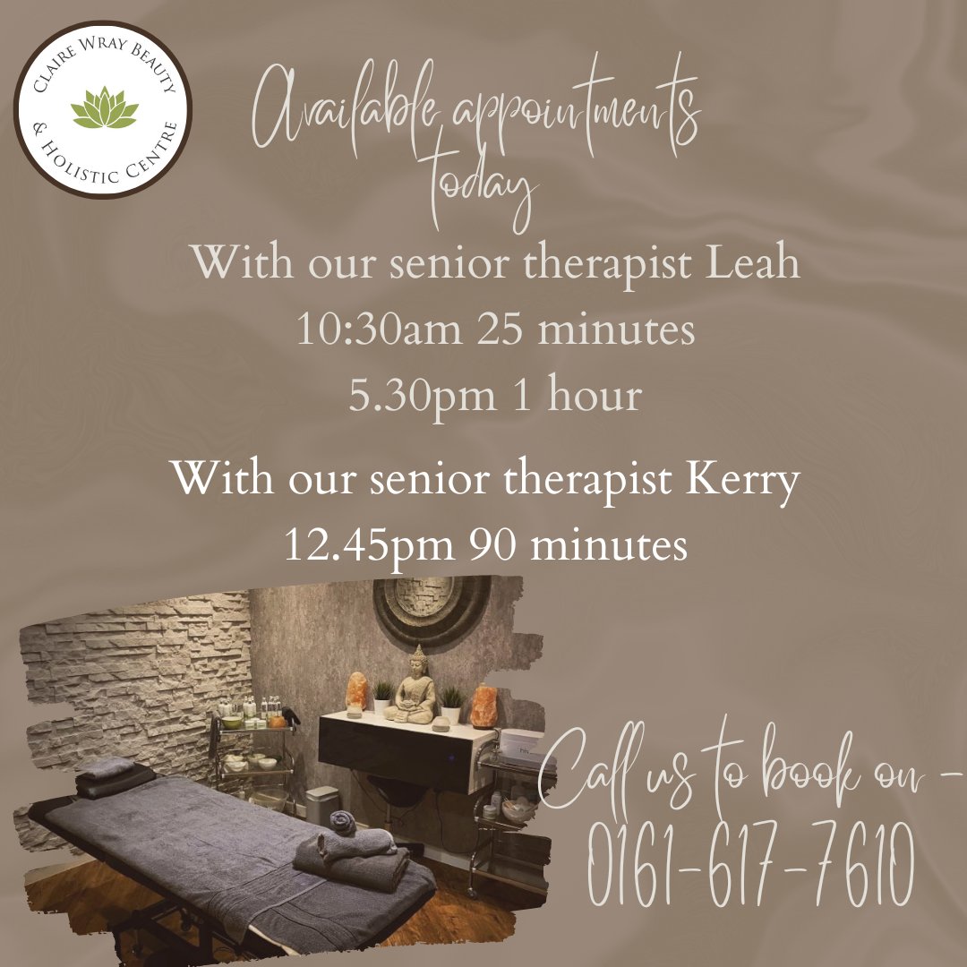 ClaireWray3's tweet photo. We still  have available appointments today with Kerry  and Leah,
To secure one of these appointments feel free to contact the center on 01616377610 or send us a message. https://t.co/nyjGnaUeWw