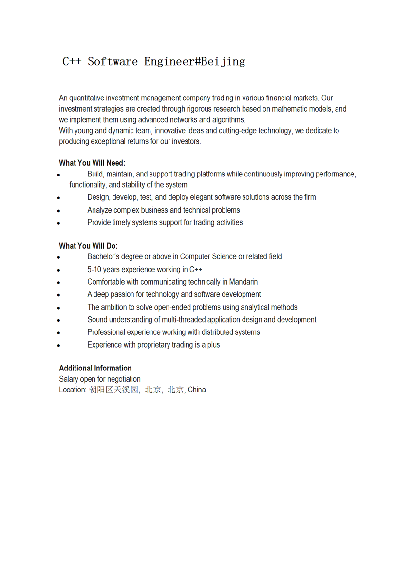 C++ Software Engineer – HFT ★ NewYork ★ £Competitive ★ A fast growing crypto trading company are looking for an C++ developer. to join the team ➜Contact me at sally.s@alphamaker.link for more details.