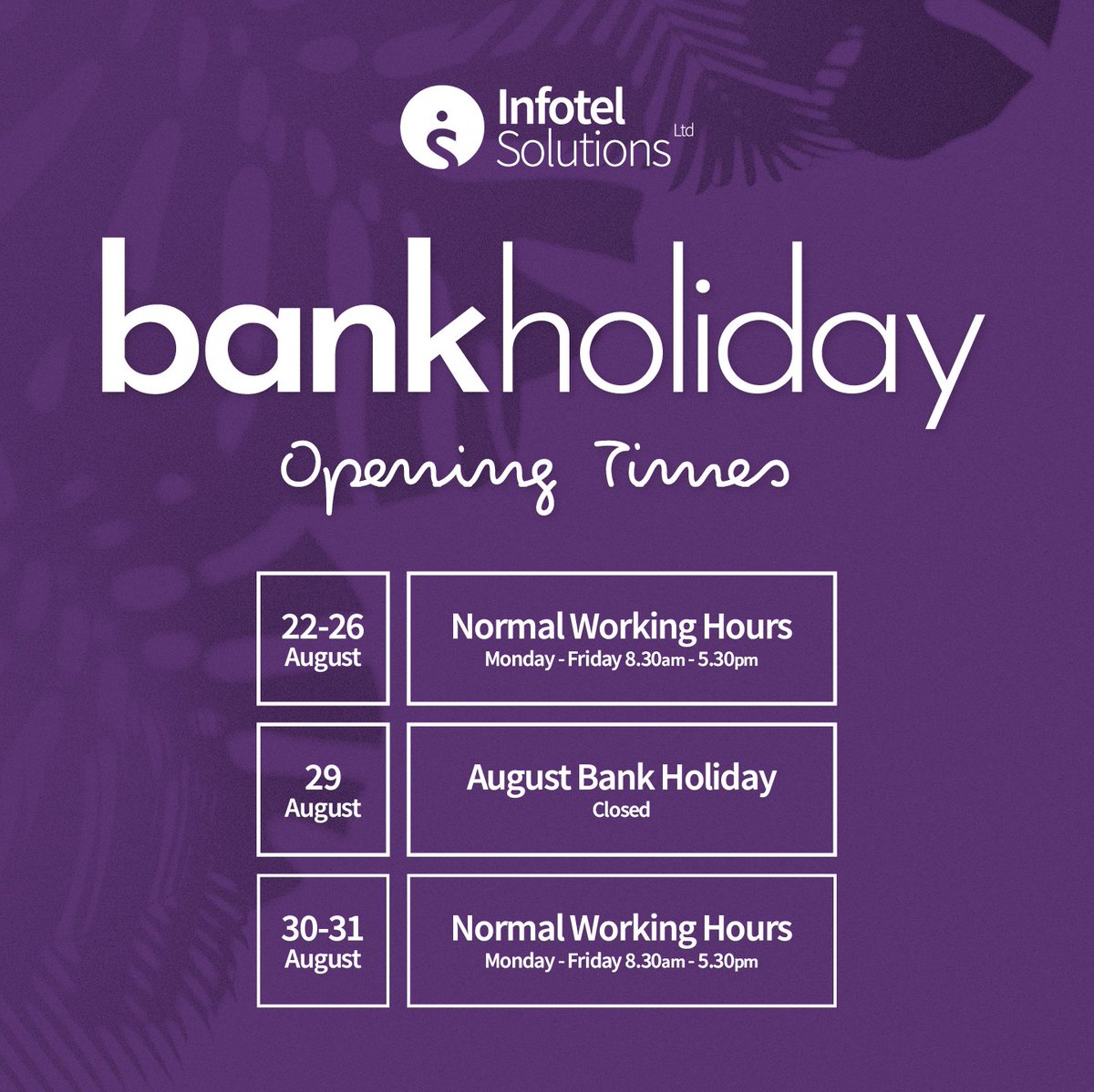 Our call centre and offices will be closed for Bank Holiday Monday on the 29th August.

If you need accommodation, event or meeting venues please contact our teams as soon as possible!

#hotelagency #travelagency #businessupdate #openingtimes #BankHoliday #conference #meetings