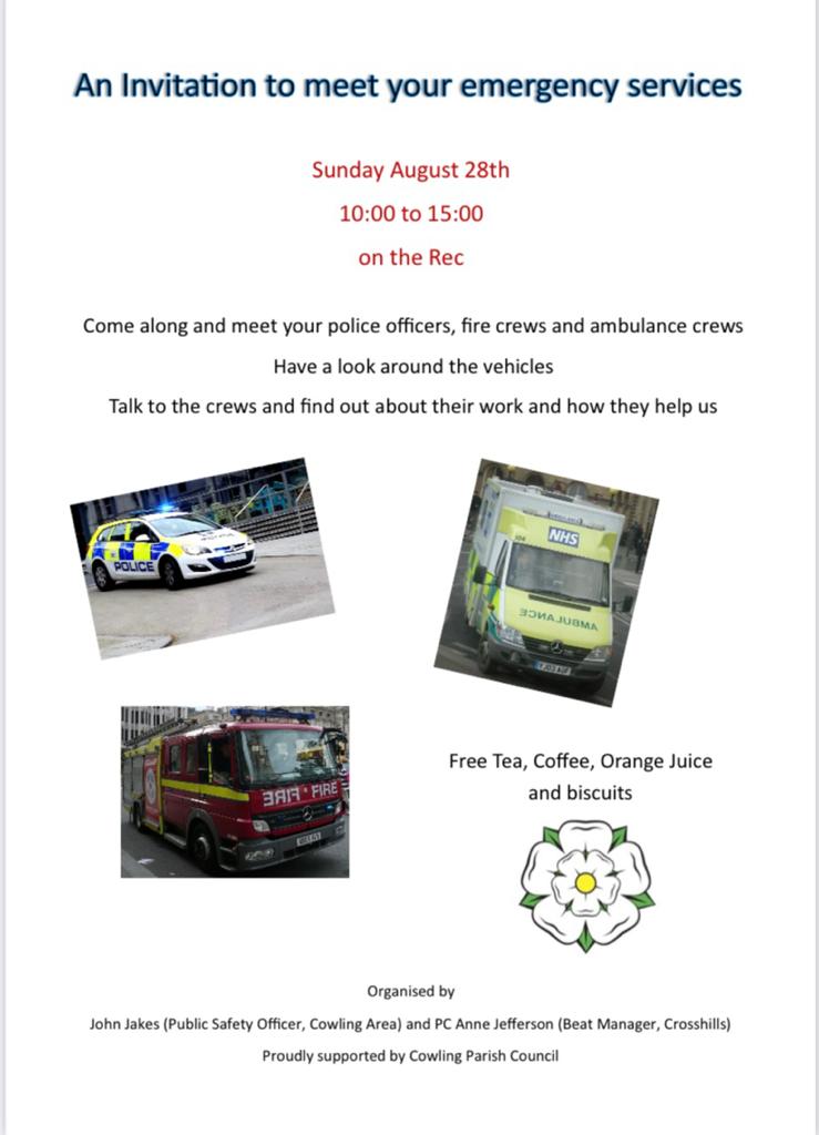 Cowling Emergency Services Day, Sunday 28th August fro. 10am until 3pm on Cowling Rec. 👮‍♀️👮🏽‍♀️🧑‍🚒🚑🚒🚓