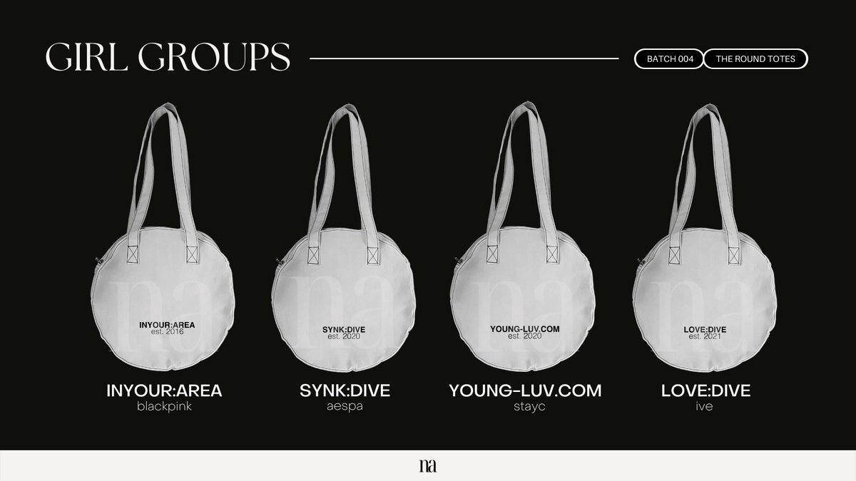 neoarchiv's tweet photo. THE ROUND TOTES .ᐟ 
batch_004 | pre-order

    P370 each
    doo: until stocks last
    dop: 3 days after oc is sent

order form ⦙ https://t.co/QjmOGMtntb

[ girl group designs now included! ]
— more details below https://t.co/zlssNS7Axg