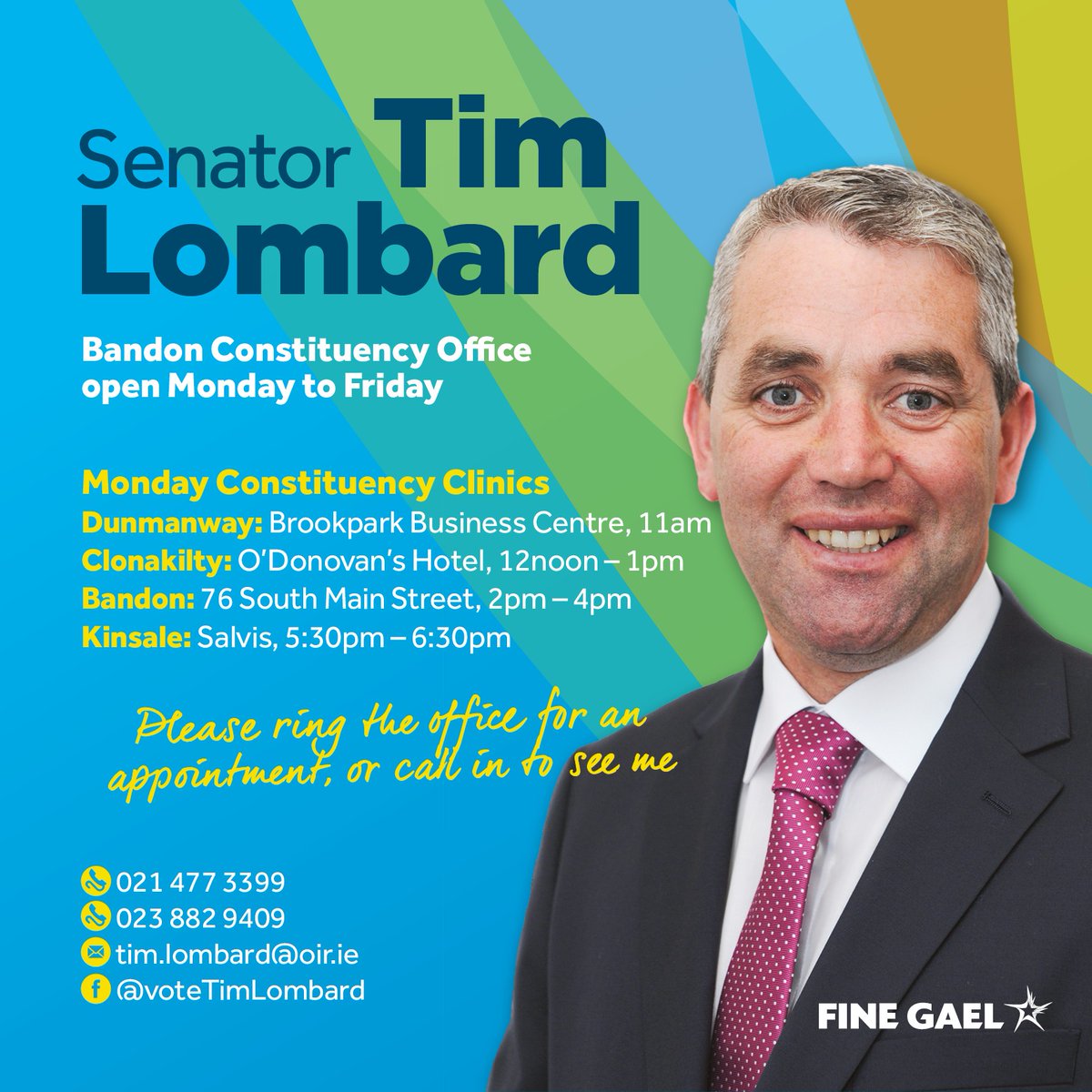 After a busy weekend around #westcork, on the road again to clinic meetings in #dunmanway, #clonakilty, #bandon and #kinsale
No need to make an appointment, just call in for a chat