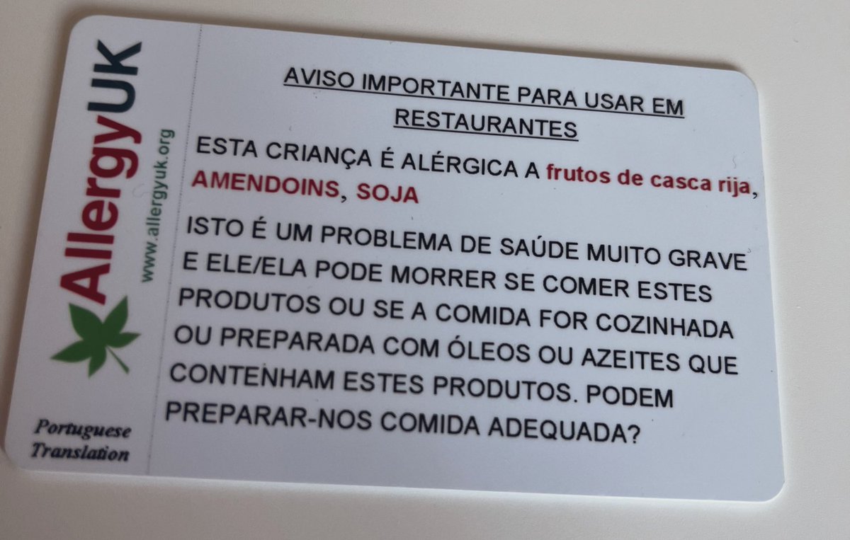 Just back from Portugal and can’t recommend these travel cards highly enough for anyone travelling with allergies…..I’m now fluent in reading packaging in Portuguese!  @AllergyUK1 #itstimetotakeallergyseriously