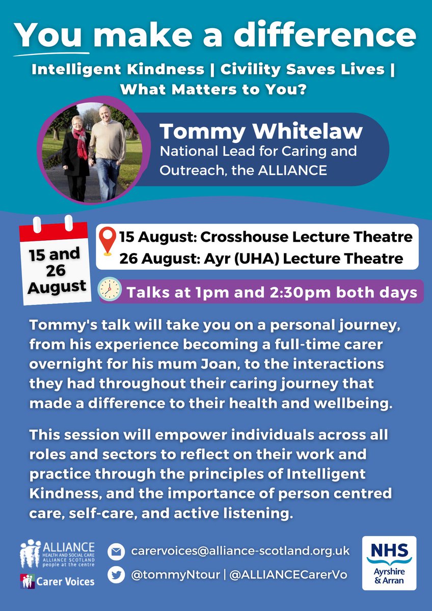 PersonCentredVo's tweet photo. Do you work at Ayr Hospital?
Why not join @tommyNtour on Friday at 1pm or 2.30pm for one of his Intelligent Kindness Sessions.
Looking forward to seeing all staff there.
@NHSaaa @AndyGillies9 @C0L_SC0 https://t.co/q2M1qlBXXP