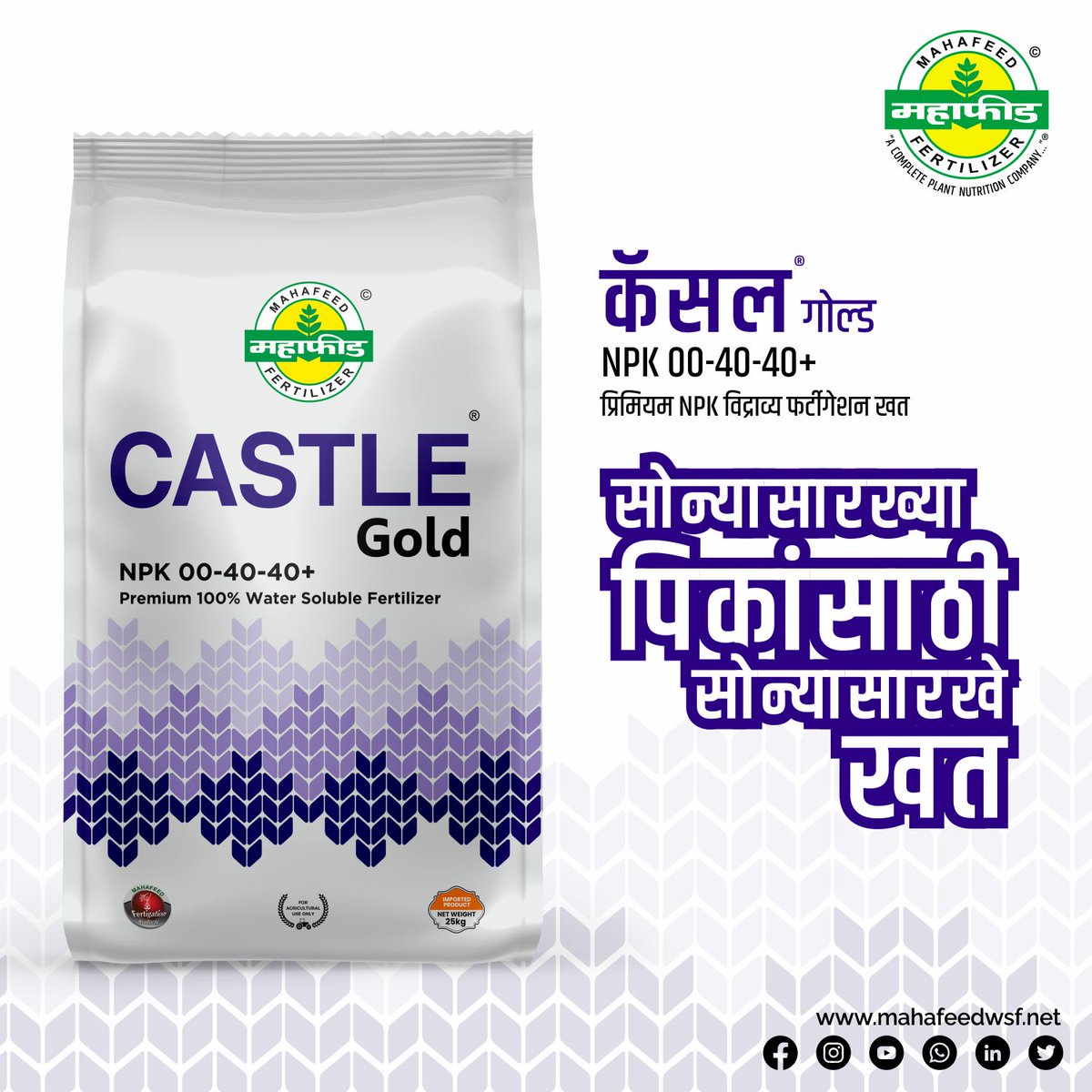 Mahafeed1's tweet photo. कॅसल गोल्ड
NPK 00-40-40+
प्रिमीयम NPK विद्राव्य फर्टीगेशन खत

सोन्यासारख्या पिकांसाठी सोन्यासारखे खत

महाफीड स्पेशालिटी फर्टीलायझरस् (इंडिया) प्रा. लि.
(An ISO 9001: 2015 Company)
https://t.co/hDhM0kV1XO
#mahafeed#Castleseries#CastleGold#NPK00-40-40+#mahafeedfarmers https://t.co/DInsnJdwYc