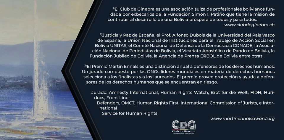 Tenemos el honor de anunciarles que hemos presentado la candidatura de la señora Amparo Carvajal (#APDHB) al premio por los derechos humanos 'Martin Ennals' 2023. #Bolivia #CdG #ClubdeGinebra #Club_de_Ginebra #AmparoCarvajal #PorUnaBoliviaPrósperaDeTodosYParaTodos