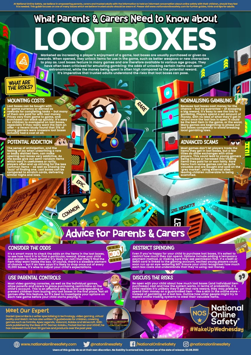 InspireAcademy9's tweet photo. Unearthed a gem? 💎 Or left stony broke? 💸 Loot boxes can offer rapid gaming progress, but – to many – look uncomfortably like gambling. Mounting costs and possible scams are among the #OnlineSafety risks in this safety guide! 
#Inspire #WelfareWeek #Welfare 💙 https://t.co/vKh2KByEwd