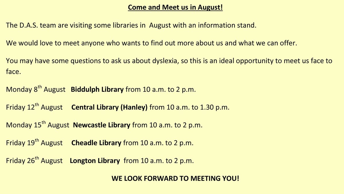 The D.A.S. team are visiting some libraries in  August with an information stand. #dyslexia #dyslexiaawareness #dyslexiaeducation