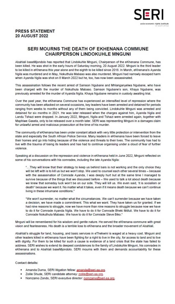 MVIWATA's tweet photo. PRESS STATEMENT ON LINDO from @SERI_RightsSA  can be read from the following link
https://t.co/FzO36DR4LF
#JusticeforLindo https://t.co/LGkixc7iJ1
