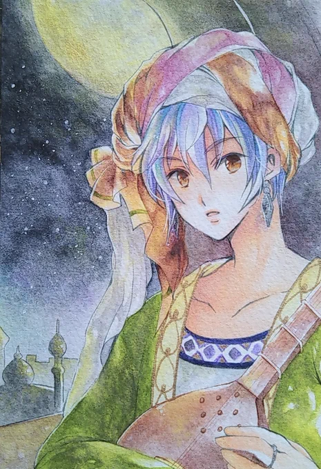 #ムーンハーベスト展2「何か弾きましょうか?」ウォーターフォード水彩紙月は呉竹スターリーカラーズ、夜空はクサカベのシャインパール螺鈿ブルーなどでキラキラさせてます 