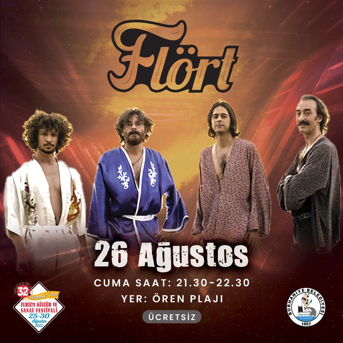 26 Ağustos Cuma günü saat 21.30'da Ören Plajı'ndayız! Burhaniye Belediyesi tarafından Turizm Sanat Festivali Kapsamında ücretsiz olarak gerçekleştirilecek konserimize hepiniz davetlisiniz.