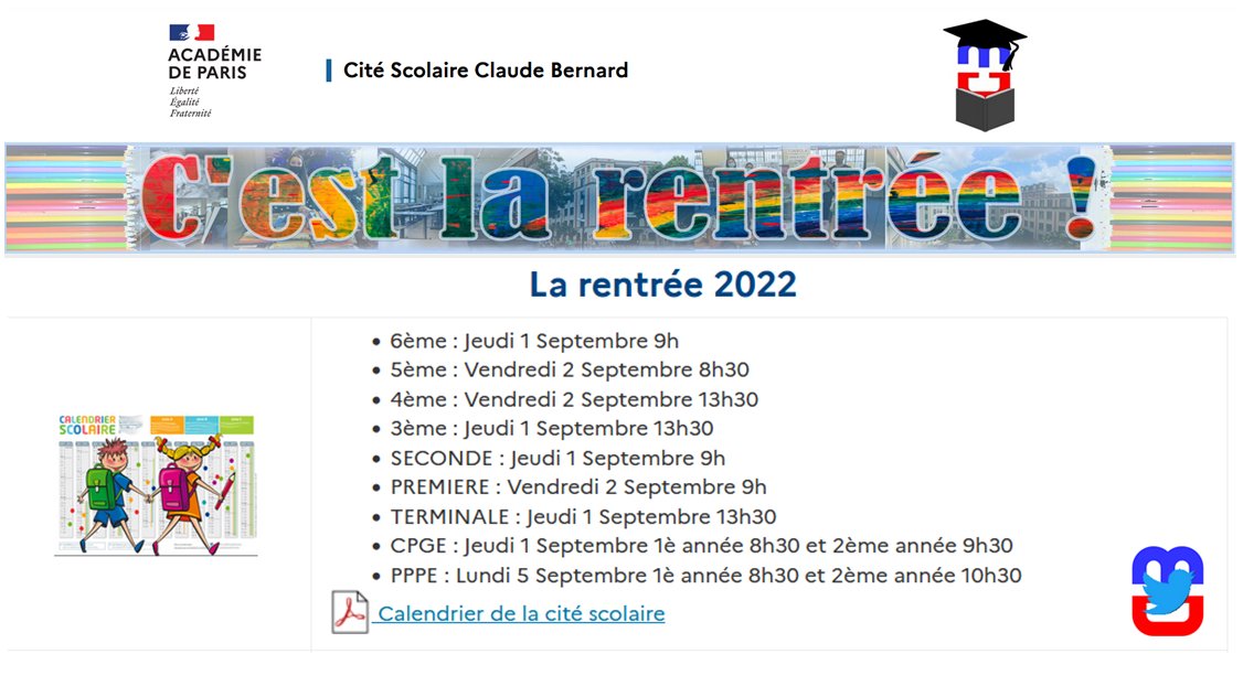 citecbernard's tweet photo. Retrouvez l'organisation 🗓️ de la rentrée 2022 de la cité scolaire 👨‍🎓sur le site de l'établissement : https://t.co/Klry8zceFN https://t.co/LYwgMk1MVW