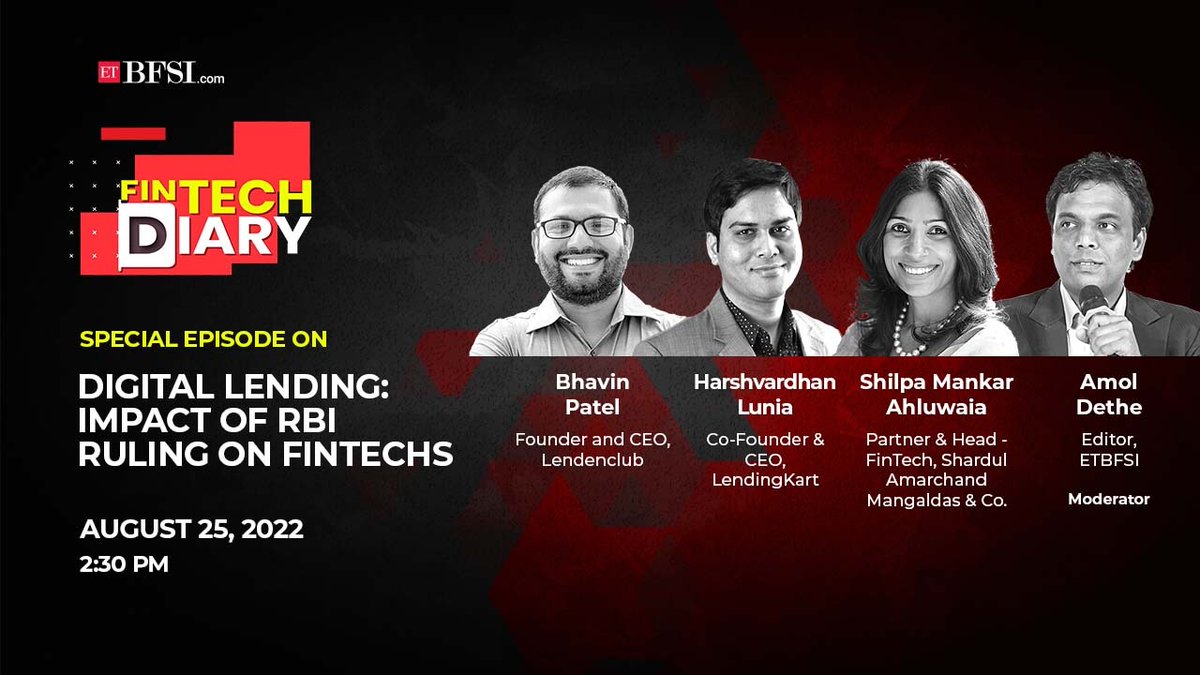 ETBFSI's tweet image. For the first time ever...@ETBFSI brings together 4 industry experts who are part of the #fintech revolution, for the upcoming special episode of #FintechDiary.

Join us on our social media channels on Aug 25, Thurs, 2:30 PM. 

Do keep your questions ready! 

#digitallending #rbi