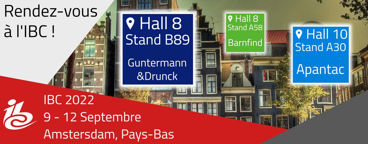 Retrouvons-nous à l'<a href="/IBCShow/">IBC</a> du 9 au 12 Septembre à Amsterdam aux Pays-Bas !
L'occasion de vous présenter les produits et les nouveautés de nos partenaires <a href="/Apantac/">Thomas Tang</a> , Barnfind et bien sur G&amp;D <a href="/gdsys/">Guntermann & Drunck</a> 

Pour prendre rendez-vous, c'est ici : bit.ly/DM-ICB2022