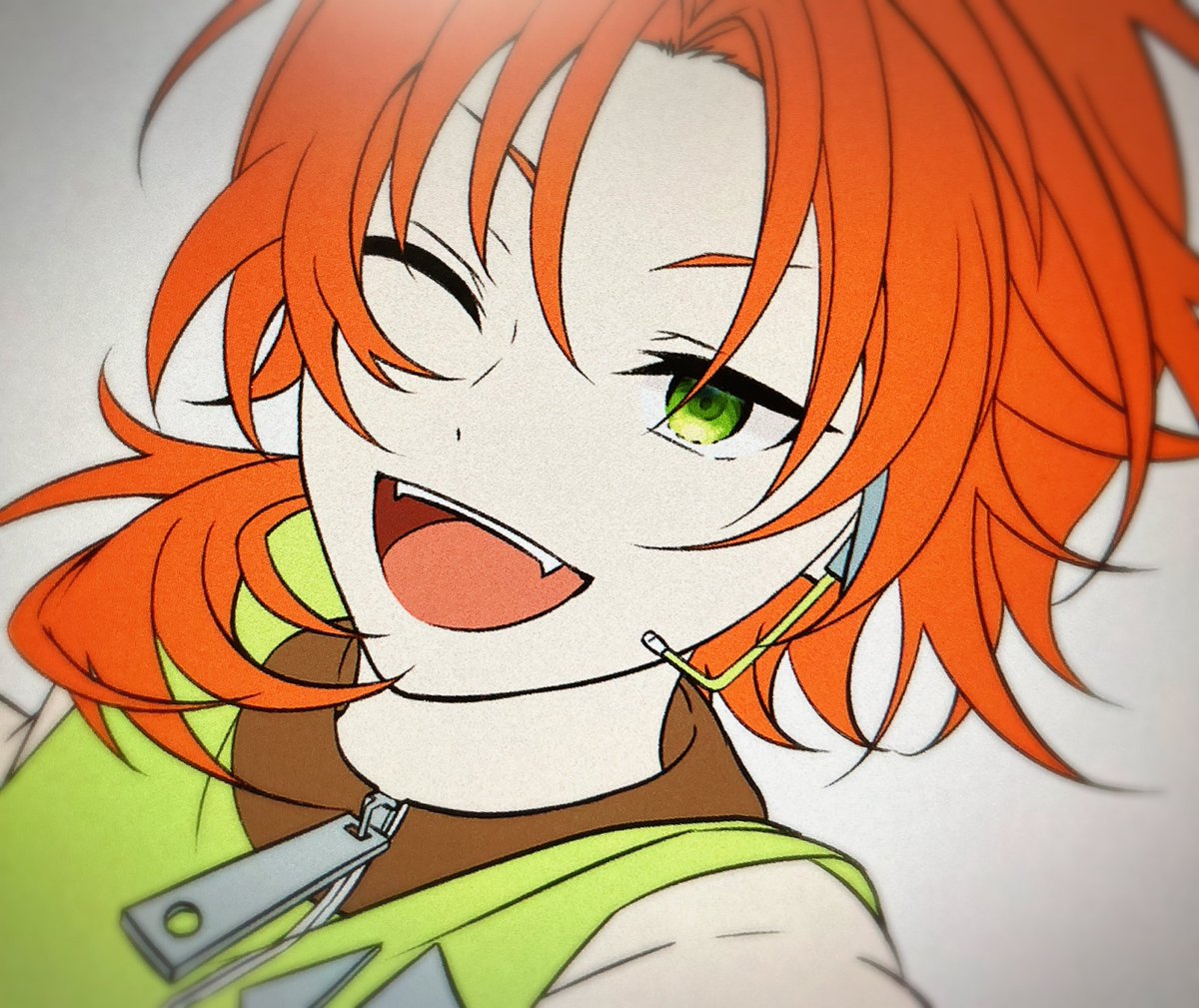 one eye closed green eyes 1boy solo male focus orange hair smile  illustration images