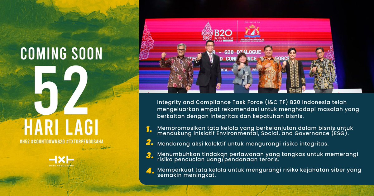 txtdrpengusaha's tweet photo. Integrity and Compliance Task Force (I&C TF) B20 Indonesia telah mengeluarkan empat rekomendasi untuk menghadapi masalah yang berkaitan dengan integritas dan kepatuhan bisnis.
#b20 #h52 #countdownb20 #txtdrpengusaha https://t.co/GIOwLBRGr9