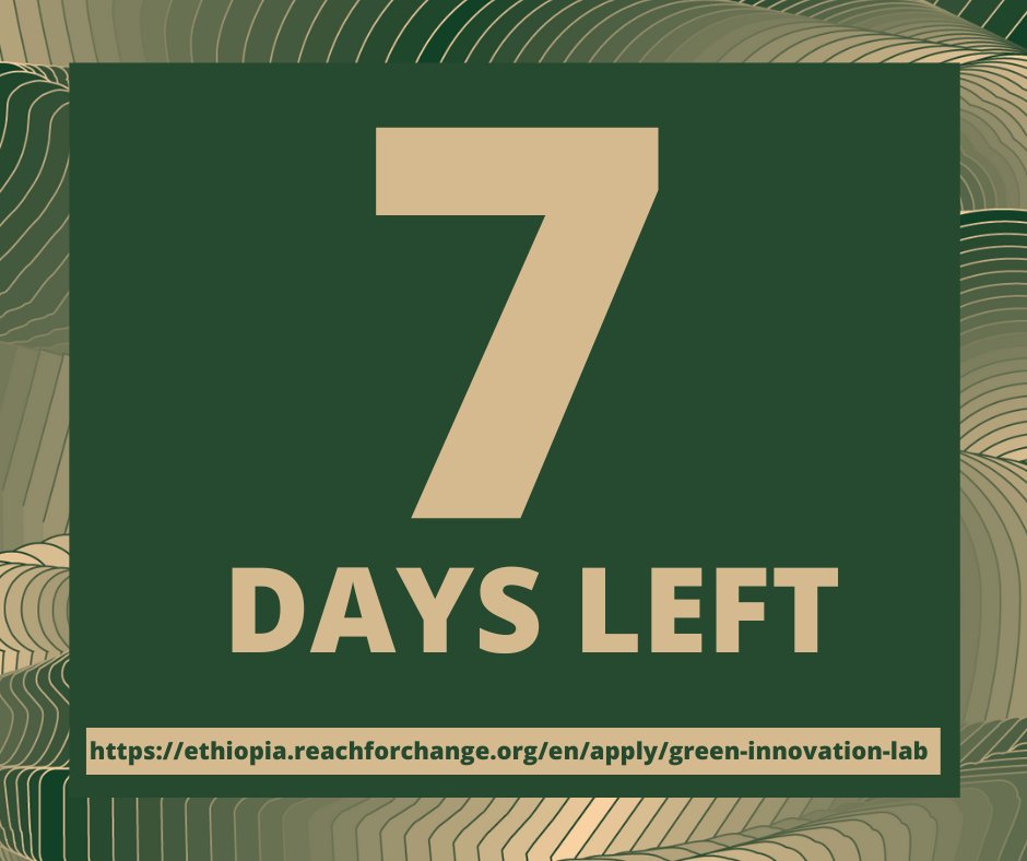 Just 7 days left!
If you’re a social entrepreneur with a green solution that improves the lives of children, apply for our Green Innovation Lab program: you will get up to Birr 70,000. 
Apply:  ethiopia.reachforchange.org/en/apply/green…
Deadline, August 29, 2022.
