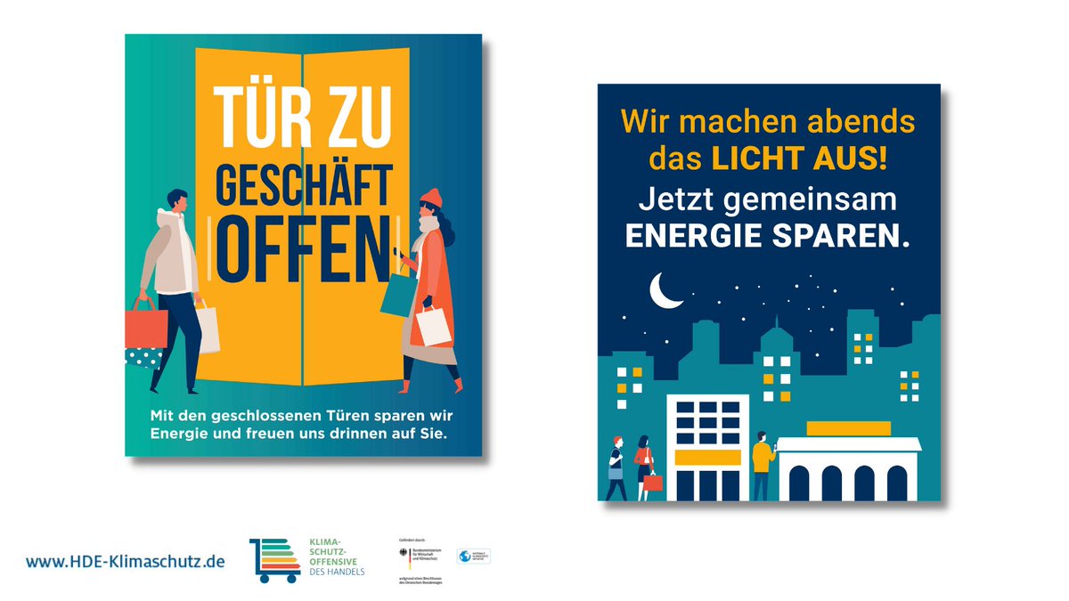 hde_klimaschutz's tweet photo. Tür zu, Licht aus – so kann der Einzelhandel Energie sparen. Um dies an die Kund:innen zu kommunizieren, hat die Klimaschutzoffensive des Handels gemeinsam mit dem Handelsverband NRW Plakate entworfen, die Händler:innen kostenlos zur Verfügung stehen. 👉 https://t.co/6zzex3W8v4 https://t.co/uFS9ATXPhI