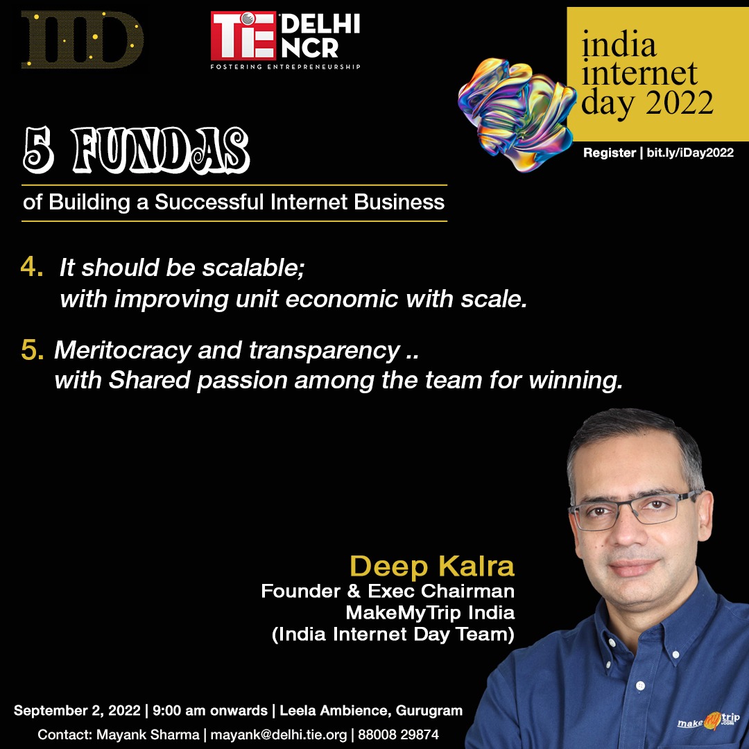 India Internet Day is round the Corner!
#iDayTeam Member,Deep Kalra, Founder &amp; Executive Chairman, MakeMyTrip,shared Secrets of Building a Successful #InternetBiz with us!
Do you have more such fundas?
Share them with us here.
Also,join us for #iDay|Sep1&amp;2
bit.ly/iDay2022