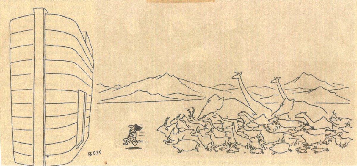 Drawn long ago by Bosc: is the man (Noah's?) fleeing the critters, leading them, racing with them? it's not clear if the Arch door is open or close!