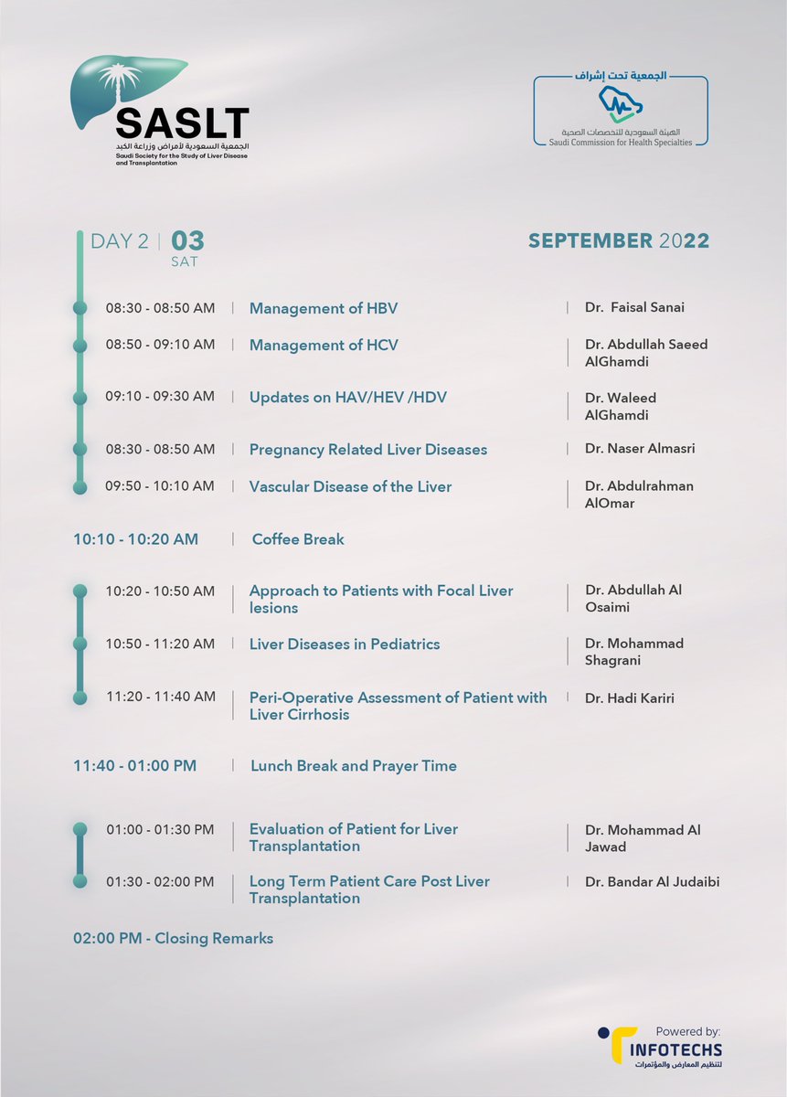 InfotechsCo's tweet photo. Saudi Society for the study of liver diseases and Transplantation @sasltksa invites you to join the Annual Hepatology Update Course
🗓️September 2-3, 2022
📍Online
🖊Register now! Limited seats
https://t.co/GmpcaoSL8c
#Infotechs #event #saslt https://t.co/cSx9fIYkbI
