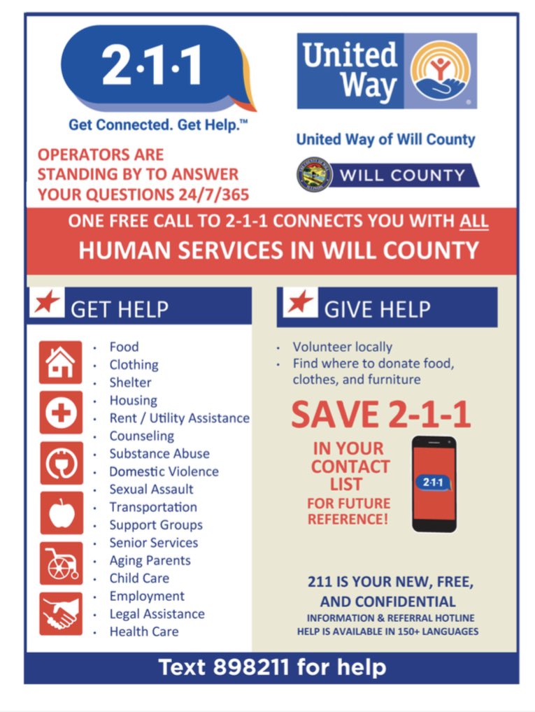 For Will County residents, 211 now connects them to all human services!  Spread the word.  Help is just a call or text away! <a href="/UWUnitedWeWill/">United Way of Will</a>
