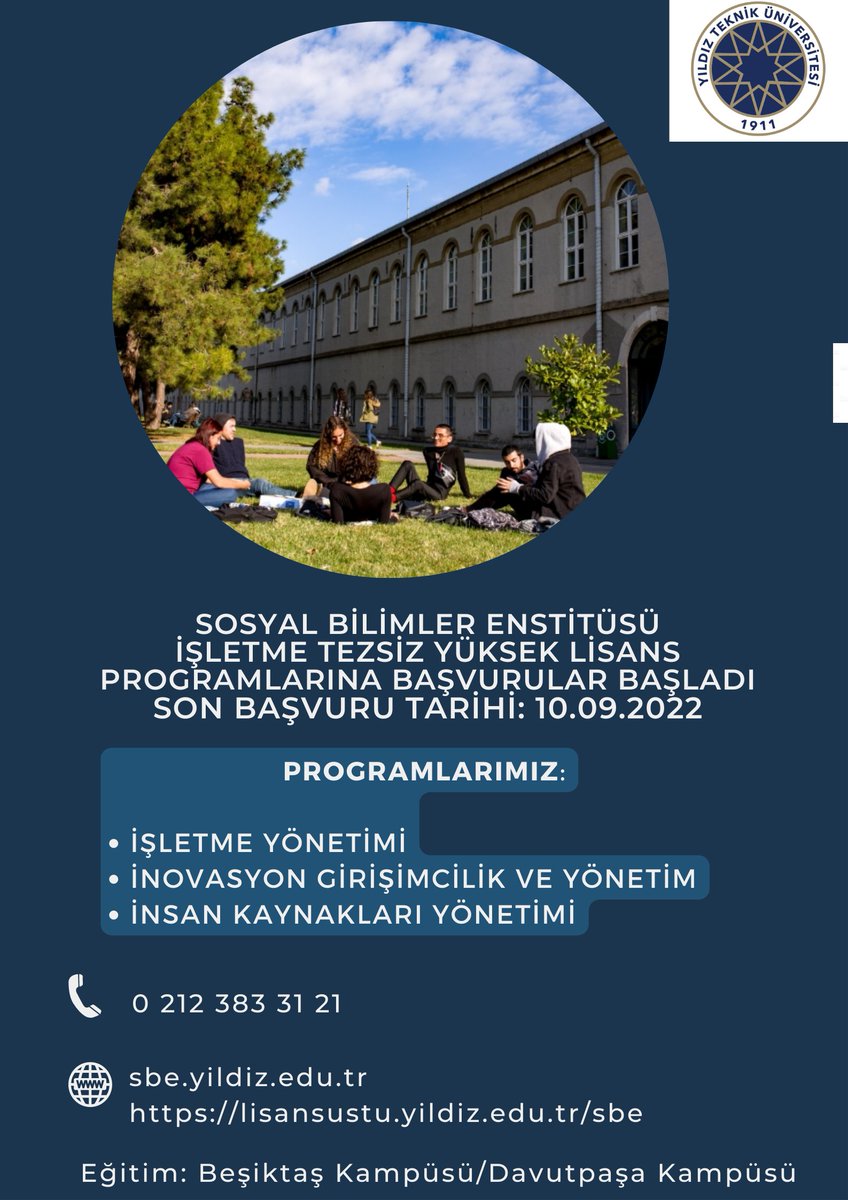 İşletme Tezsiz Yüksek Lisans programlarına başvurular 10.09.2022 saat 15.00'e kadar devam edecektir. Başvurular çevrimiçi olarak lisansustu.yildiz.edu.tr/sbe adresinden gerçekleştirilmektedir @proftameryilmaz @iibf_ytu @ProfHalitKeskin @muratdonduran @emelesenytu