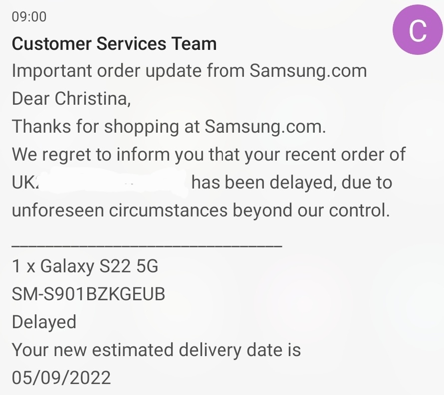 ChrissyRog7's tweet photo. @SamsungUK do you just like messing your customers around? I am trying my hardest to stay loyal to you but you are making it so difficult. After 3 delays in my S22 Ultra, the day my S22 is meant to arrive I recieve this. I ordered it 3 weeks ago. Another day off work wasted. https://t.co/1I32WLJDJb