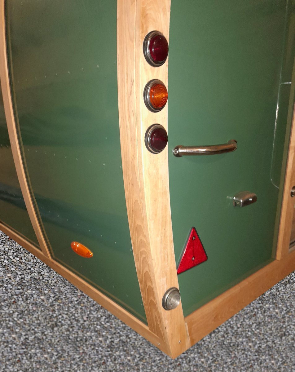 Rear view of all caravan models showing lucas lights and timber trims. The stainless steel yacht grab and hand rails are fitted for style and longevity.  

#MadeInBritain #heritagecaravans #caravans #touringcaravans #UKmfg #vintage