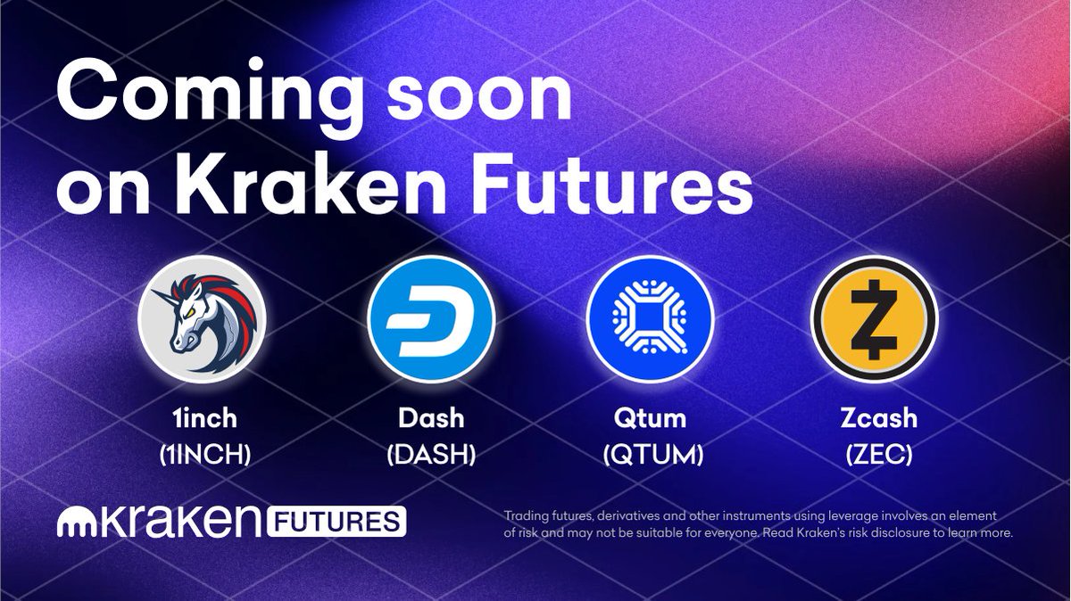 krakenfx's tweet photo. New Kraken Futures contracts coming this week:

$1INCH @1inch
$DASH @Dashpay
$QTUM @qtum
$ZEC @ElectricCoinCo

Transfer funds to your Kraken Futures wallet today.

👉 Trading starts Wednesday, August 24

*Geo restrictions apply

Learn more ➡️ https://t.co/DRnPHwyV8r https://t.co/5vWoKBslgv