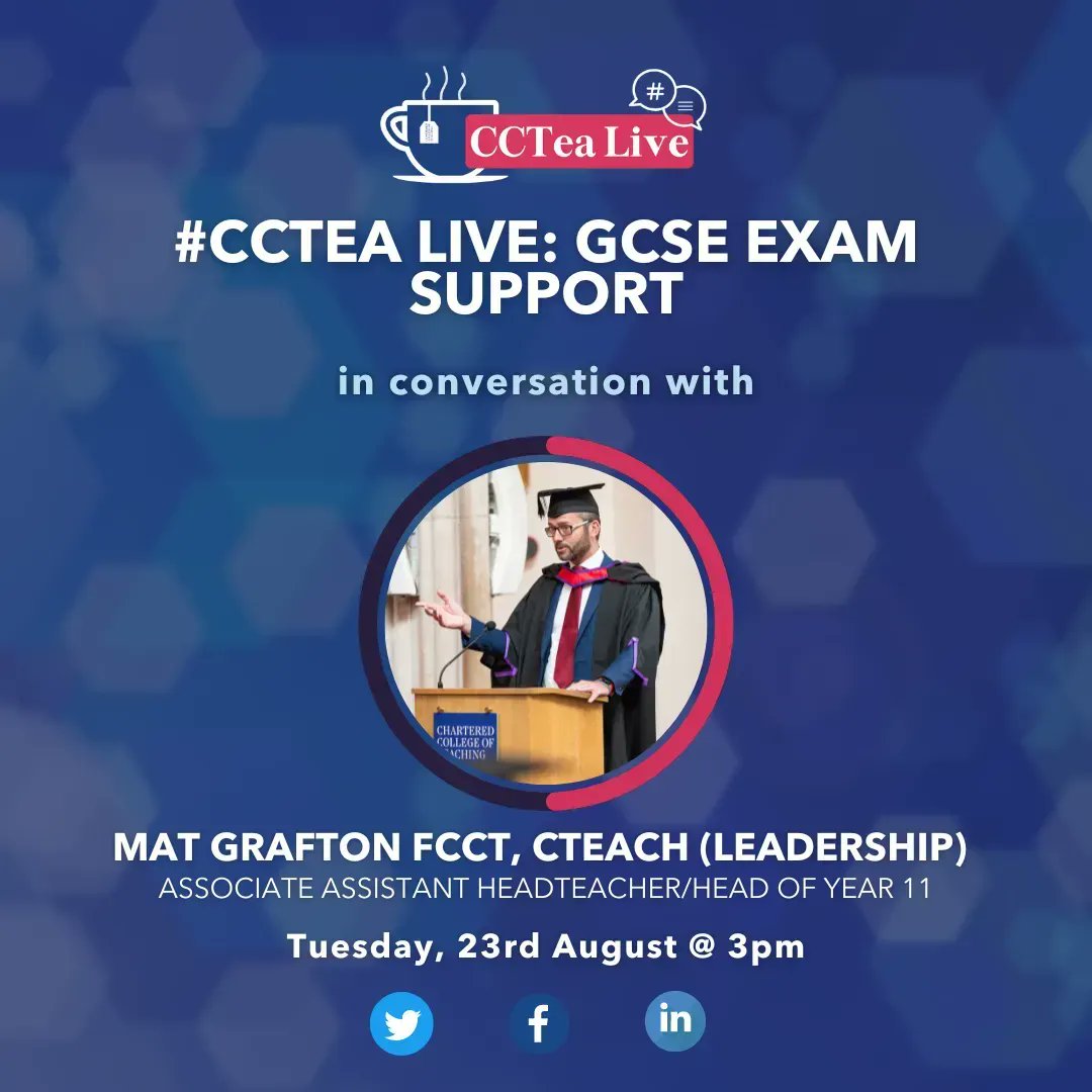 CharteredColl's tweet photo. Ahead of GCSE results day, we are pleased to announce our next #CCTea live stream, ‘GCSE: Exam Support’.
Join us tomorrow with Mat Grafton FCCT, CTeach (Leadership) as we discuss GCSE exams and results, and ask your questions live.
https://t.co/dP5JmNcYEC
#gcseresultsday https://t.co/QyvI2HGdxj