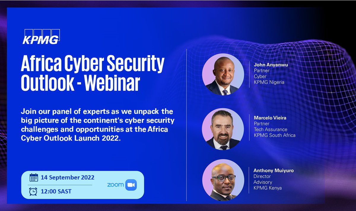 KPMG_Namibia's tweet photo. Join #KPMG and our panel of experts as we unpack the big picture of the continent's #cyber security challenges and opportunities at the Africa Cyber Outlook Launch 2022.

Register here to secure a seat. https://t.co/n8JuEG55jy

#KPMGAfrica
#KPMGCyberOutlook https://t.co/I7EWpAIxwq