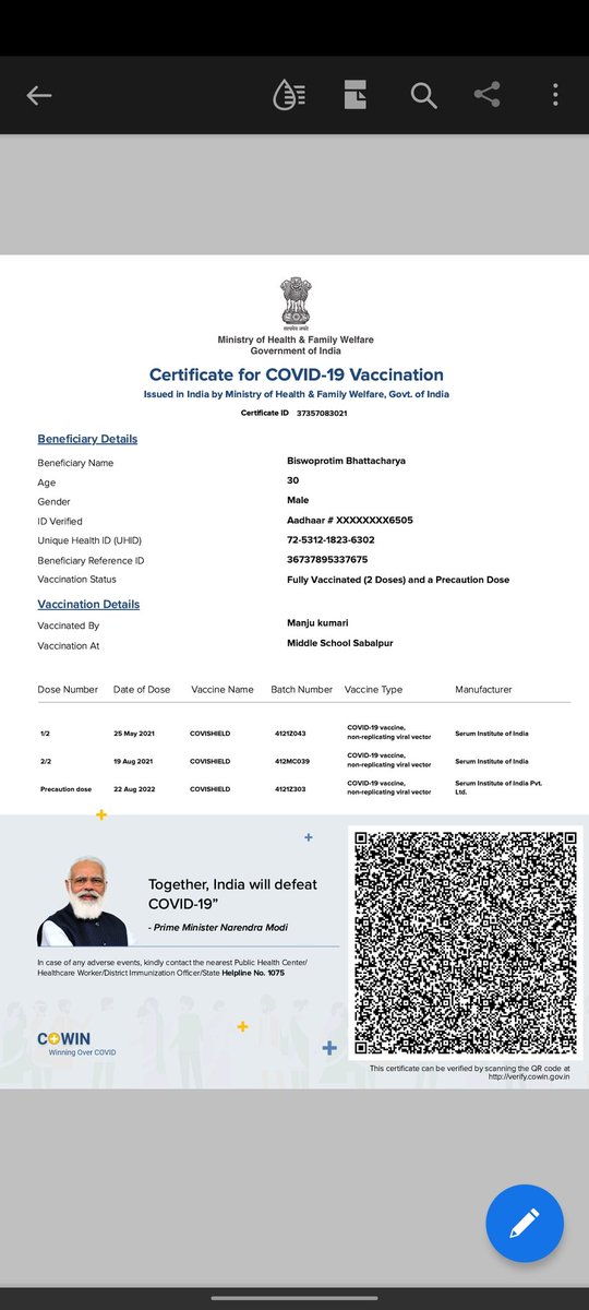 biswoprotim's tweet photo. Recieved an sms that my precautionary dose has been administered and when I went on to aarogya setu got this certificate. Meanwhile I am sitting at home working. Same thing happened with my mom. Something weird going on. Who took my vaccine dose? @SetuAarogya @PMOIndia https://t.co/9PSuq5s7eG