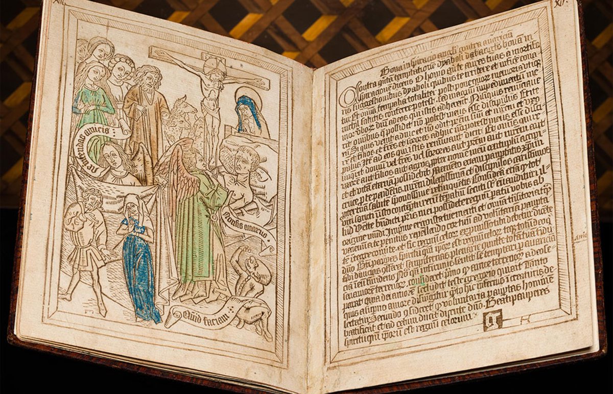 bounarchives's tweet photo. New York'taki @MorganLibrary 1902'de koleksiyonuna kattığı 15. yüzyıla tarihlenen 9 sayfalık kitap fragmanının eksik olan 15 sayfasını geçtiğimiz hafta satın aldı ve iki fragmanı birleştirerek bilinen ilk noksansız tam kalıp baskı Ars Moriendi örneğine sahip olmuş oldu. https://t.co/zSrkSoXuBB