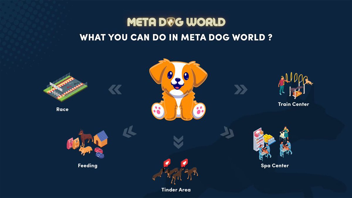 metadogworld's tweet photo. 🐶 WHAT CAN YOU DO IN META DOG WORLD? 🤔 

🏁 Racing
🍰 Feeding
💆 Spa time 
🏋️ Get your dog a coach
❤️ Tinder area to make puppies. 

More events and great activities coming soon. Stay tuned ‼️ https://t.co/PIWgI7jmwx