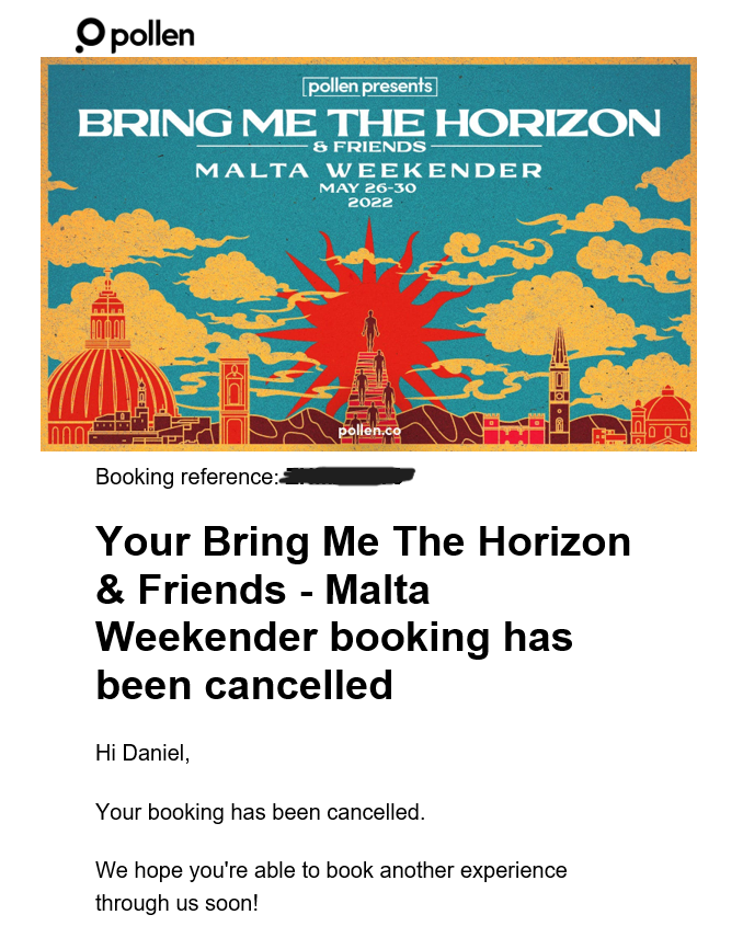 DanielAJHollis's tweet photo. We cancelled a booking with @pollen earlier this year due to health reasons and were promised a refund.

It was said to take up to 90-days, which has now passed with no refund or communication in sight.

Submitted a ticket and now being told it may take six weeks for a response!? https://t.co/eV4vUDvGdh