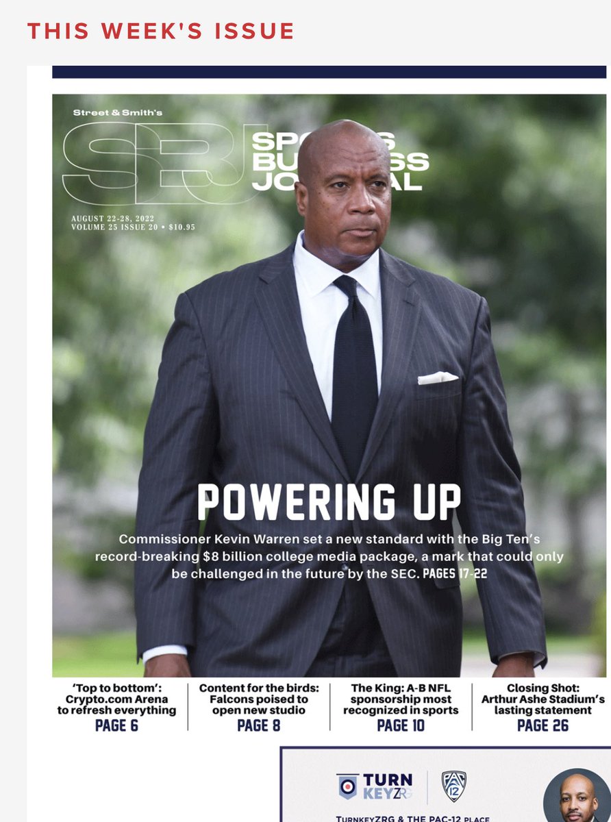 Adam Neuman (@adamjneuman) on Twitter photo Commissioner Kevin Warren on the cover of this week’s Sports Business Journal. What a remarkable few months for the Big Ten Conference.
<a href="/bigten/">Big Ten Conference</a> <a href="/SBJ/">Sports Business Journal</a> <a href="/KevinFWarren/">Kevin Warren</a> Commissioner Kevin Warren on the cover of this week’s Sports Business Journal. What a remarkable few months for the Big Ten Conference.
<a href="/bigten/">Big Ten Conference</a> <a href="/SBJ/">Sports Business Journal</a> <a href="/KevinFWarren/">Kevin Warren</a>