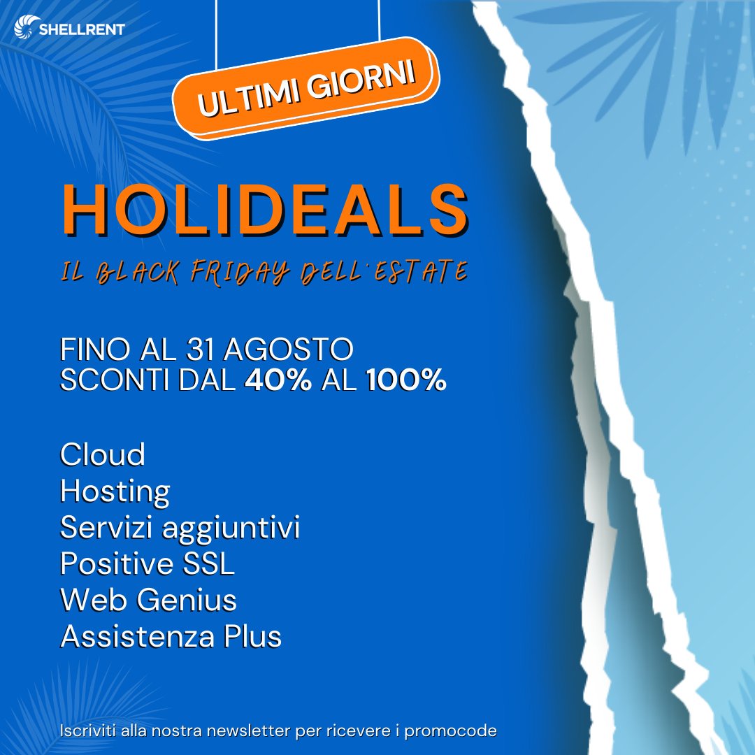 Shellrent's tweet image. Ultimi giorni di sconti dal 40% fino al 100% su #Hosting, #Cloud e molto altro ancora🌞Iscriviti alla nostra newsletter e approfitta delle promozioni dell’Holideals entro il 31 agosto: shellrent.com/holideals-offe…
#shellrent #hostingprovider
