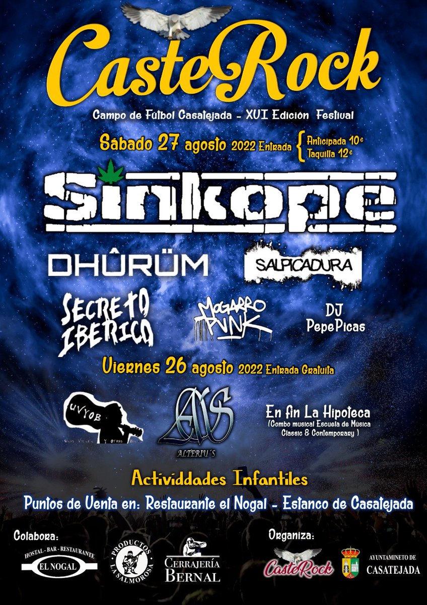 Ey, estamos en el CasteRock este sábado 27, por si no tienes planes o te habías olvidado #salpicate #festivalesenextremadura