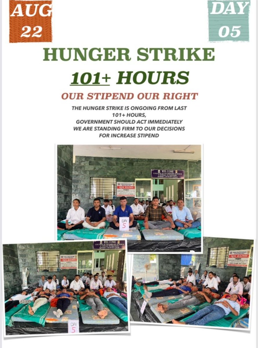 Keep it up warriors 🙏
#HungerStrikeday05
#101hour
#Guj_vet_union #increase_Guj_Vet_Stipend
#guj_veterinary_students_on_strike
#navsari
<a href="/CMOGuj/">CMO Gujarat</a> <a href="/Bhupendrapbjp/">Bhupendra Patel</a>
<a href="/RaghavjiPatel/">Raghavji Patel</a> <a href="/KanuDesai180/">Kanu Desai</a>