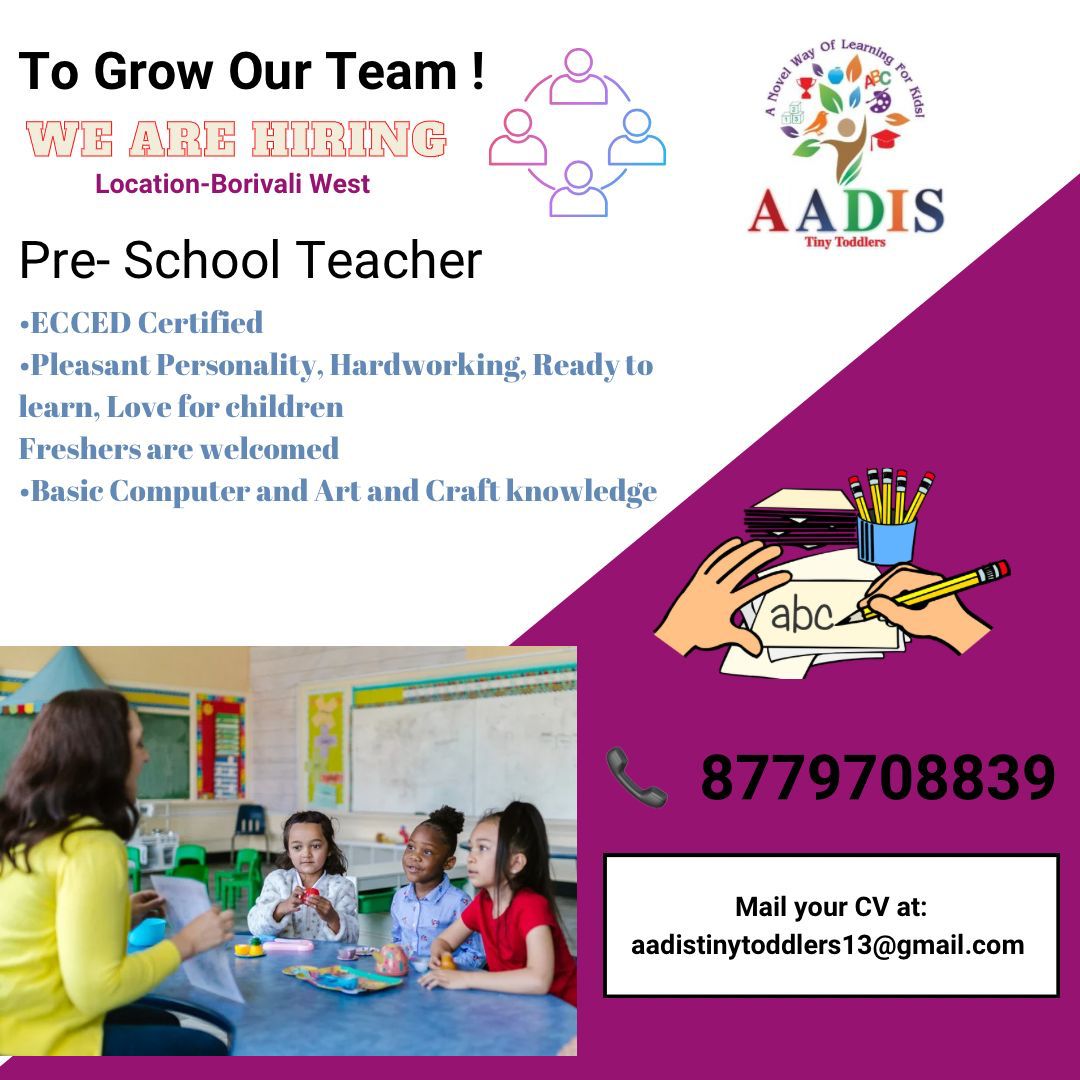 DiplomaTraining's tweet photo. Vacancy at AADIS PRE-SCHOOL
Applicants note: when applying for the jobs use your discretion, as VES shall not be responsible for any unpleasant situations.
#jobs #jobsinindia #jobsearch #jobseekers #jobshiring #jobsearching #jobseeking #jobsinumbai #teachingjobs https://t.co/RrJMH0F8Ju