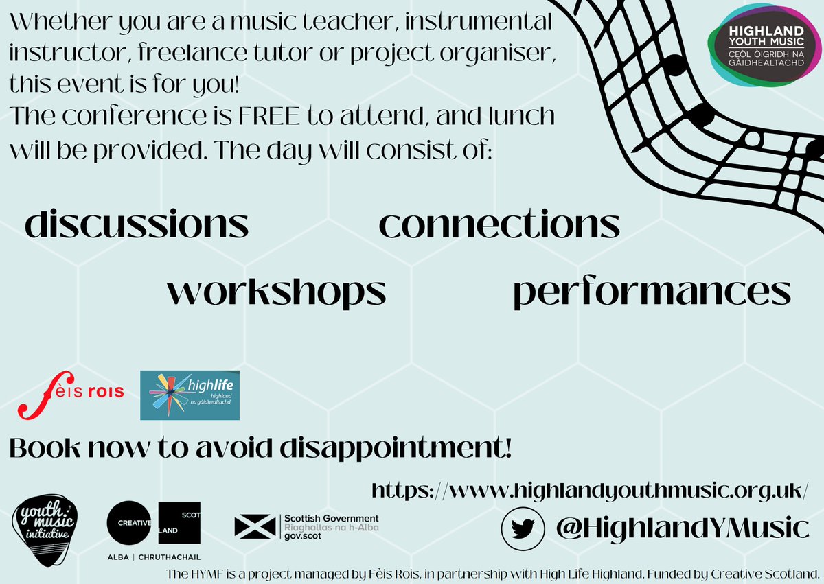 HYMF Conference NOW OPEN for BOOKING!

Taking place on Mon 12th Sept, 10:30am-3pm at the Spectrum Centre, Inv, the day, organised by pupils, will consist of live music, practical workshops, and discussions. Book your FREE place now to avoid disappointment: bit.ly/HYMFConference…