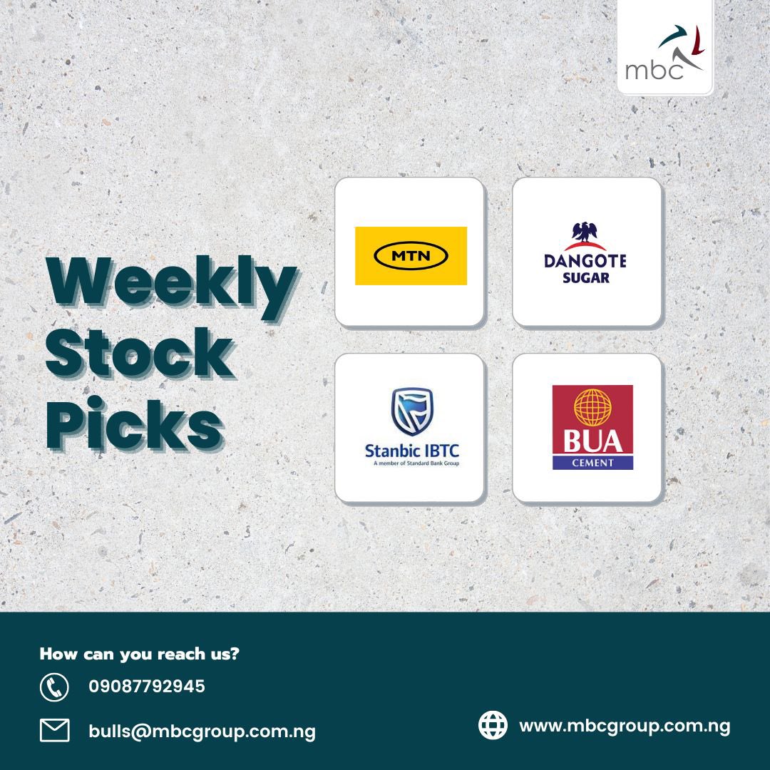 MBCNigeria's tweet photo. Here are this week’s stock recommendations…
Get detailed weekly report, directly to your mailbox.
To subscribe, simply send us a DM.
#mbcsecurities #investnow #investinnigeria #buynairatogrowthenaira #business #nigerianinvestors https://t.co/ts8xgvEF3M