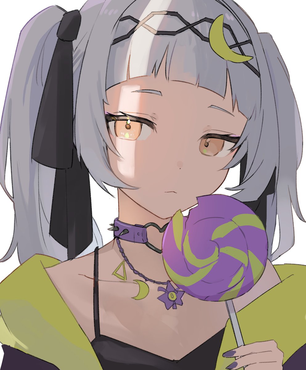 murasaki shion 1girl lollipop food candy solo grey hair twintails  illustration images